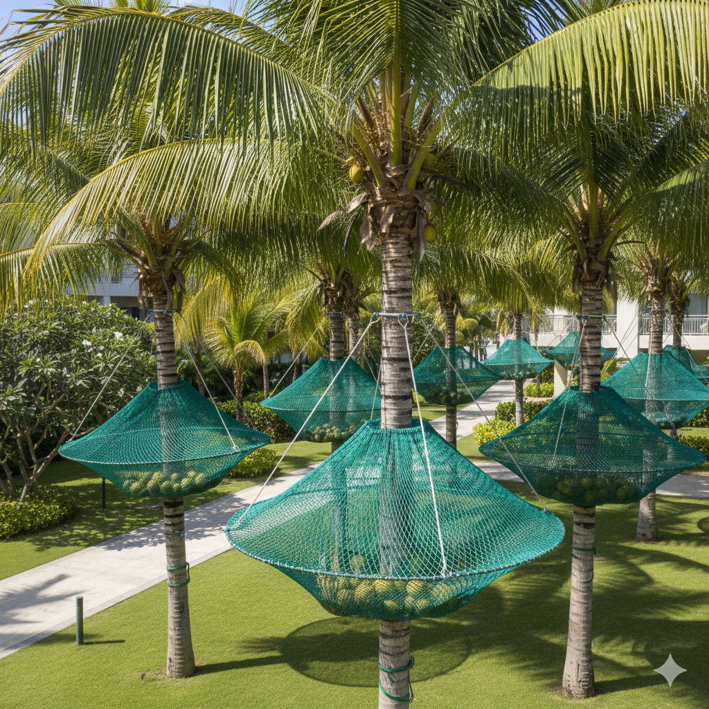 Coconut tree safety nets for residential compounds